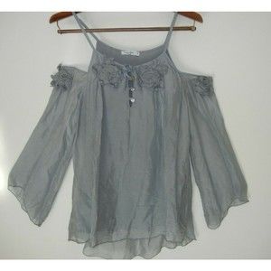 Angela Mara Made In Italy 100% Silk Blouse Delicate Sexy Shoulder Cut Gray M
